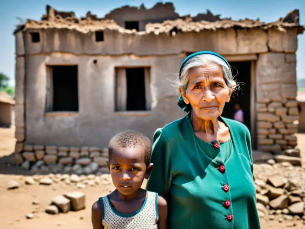 Una anciana y un niño frente a un edificio en ruinas, mostrando la fortaleza ante el impacto de sanciones económicas en los derechos humanos