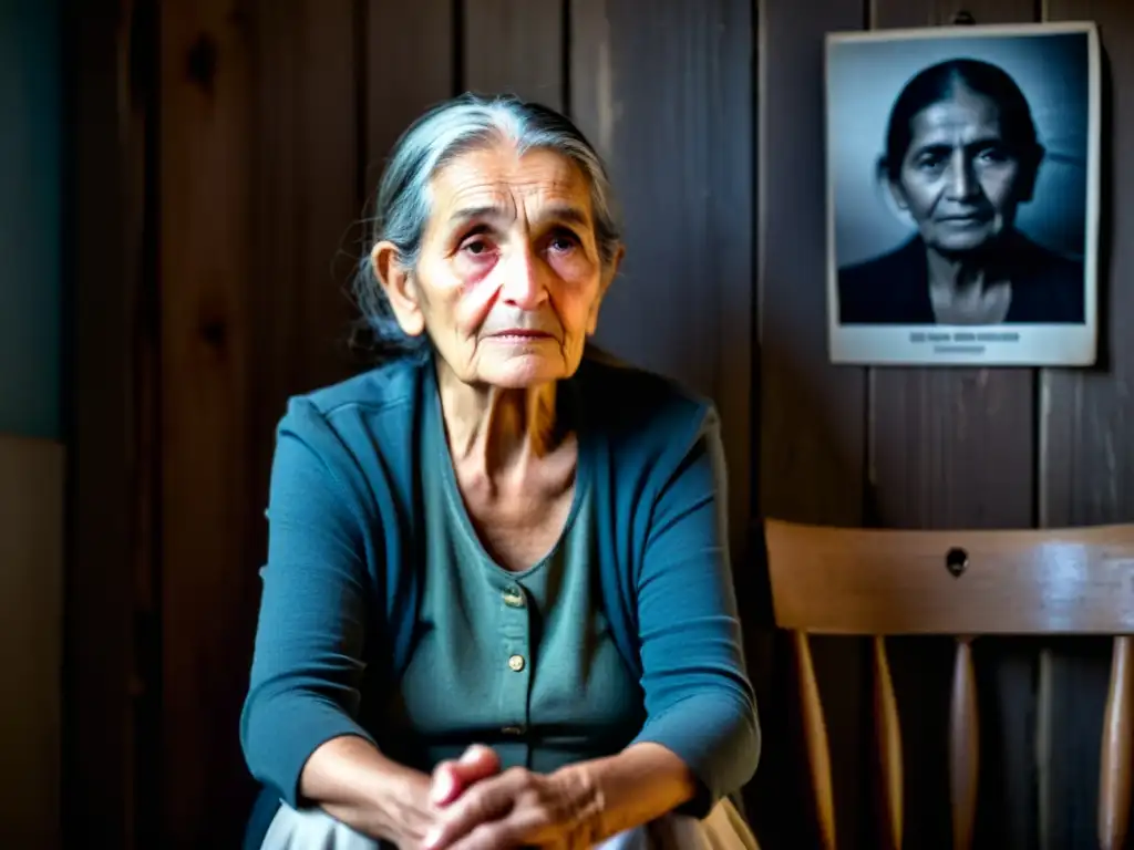 Una anciana refugiada se sienta en una silla de madera en una habitación tenue, sosteniendo una fotografía descolorida