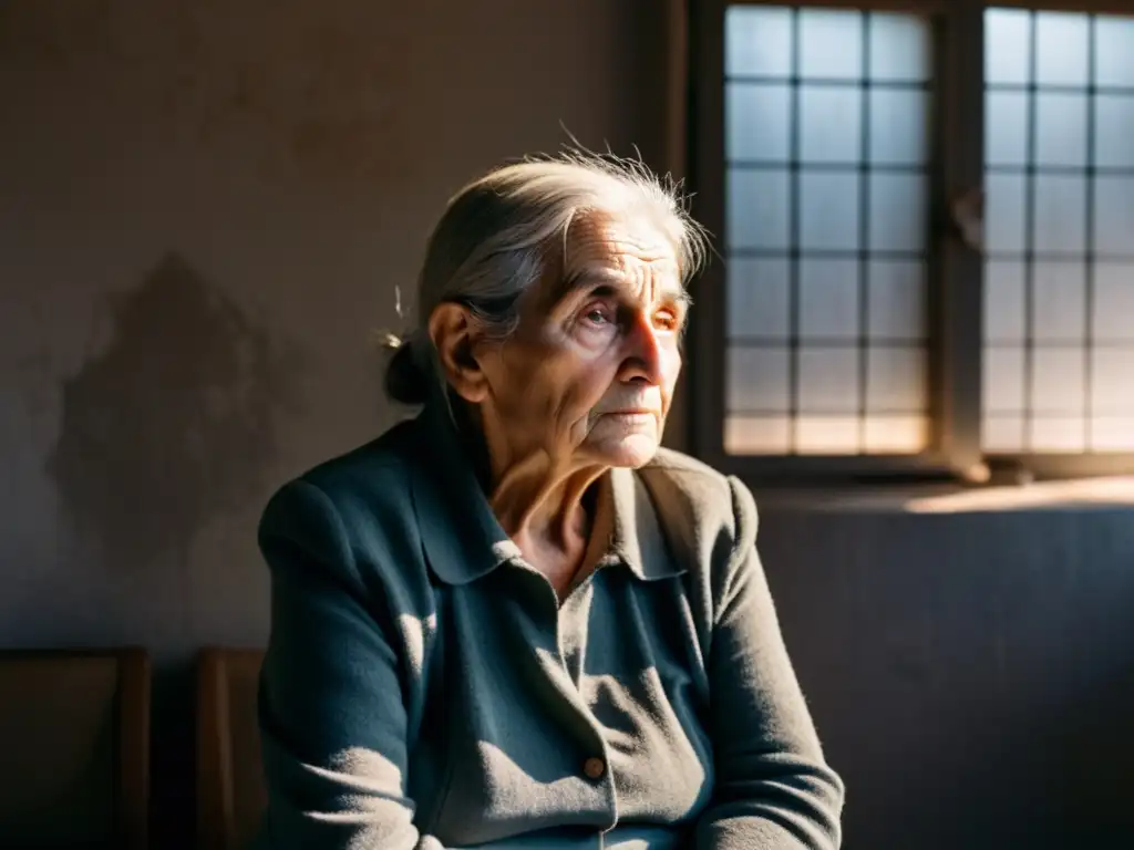 Una anciana refugiada sola en una habitación sombría, con una fotografía gastada en sus manos y una mirada atormentada