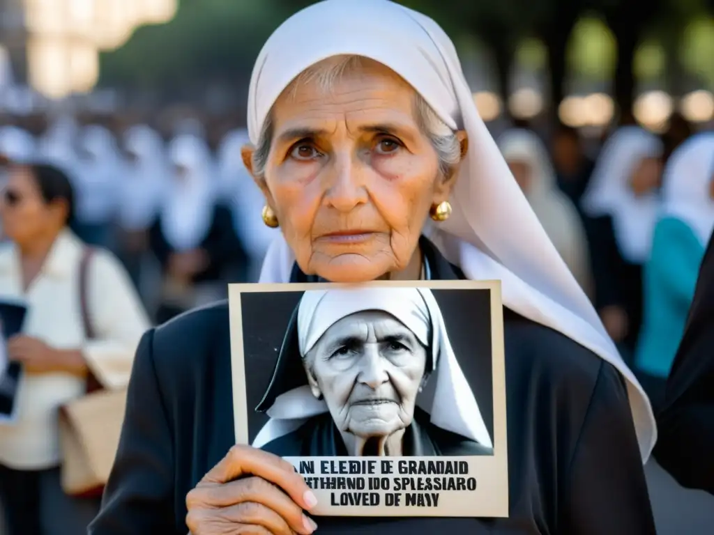 Una anciana con rostro firme sostiene una foto y busca justicia frente a la Pirámide de Mayo, rodeada de Madres y Abuelas de Plaza de Mayo