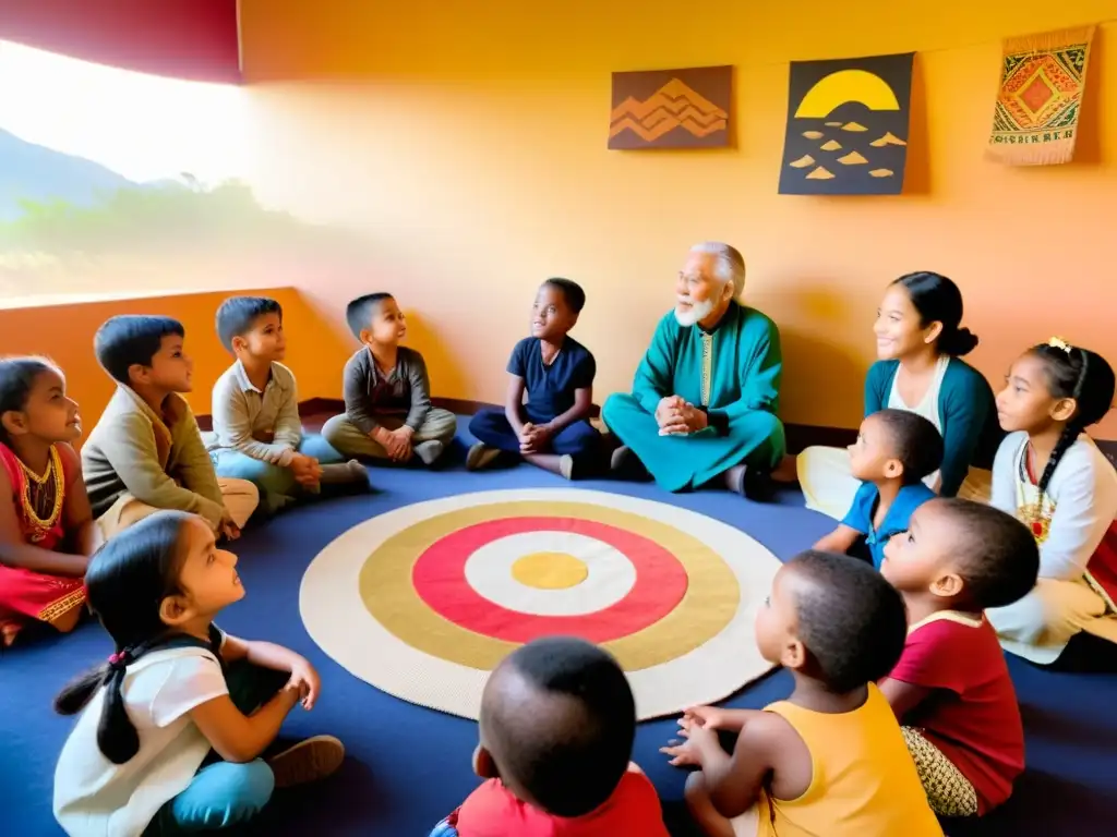 Un anciano comparte una historia con niños de distintas culturas, generando un ambiente de intercambio cultural y aprendizaje