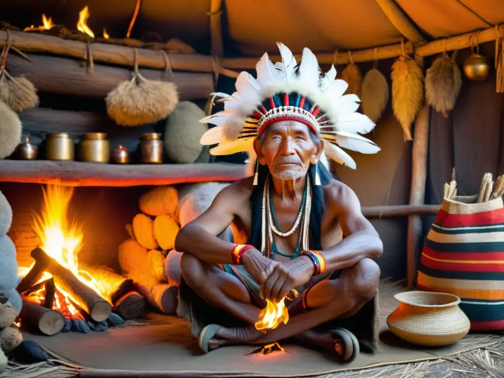 Un anciano chamán indígena en su choza tradicional, rodeado de hierbas y objetos sagrados, con un fuego crepitante