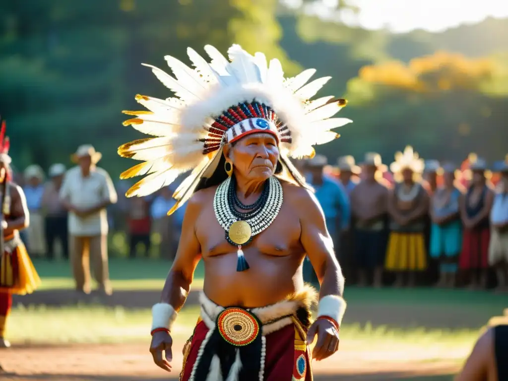 Un anciano indígena baila ceremonialmente en un claro soleado, rodeado de espectadores