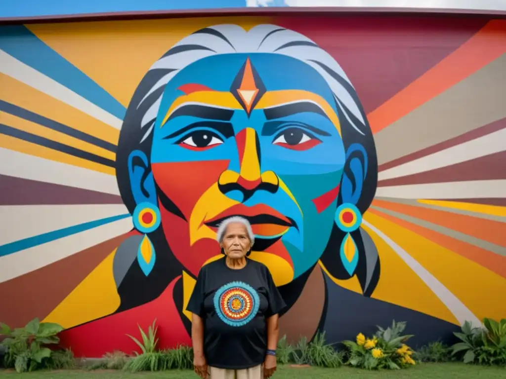 Un anciano indígena frente a un mural vibrante que representa la historia y luchas de su comunidad