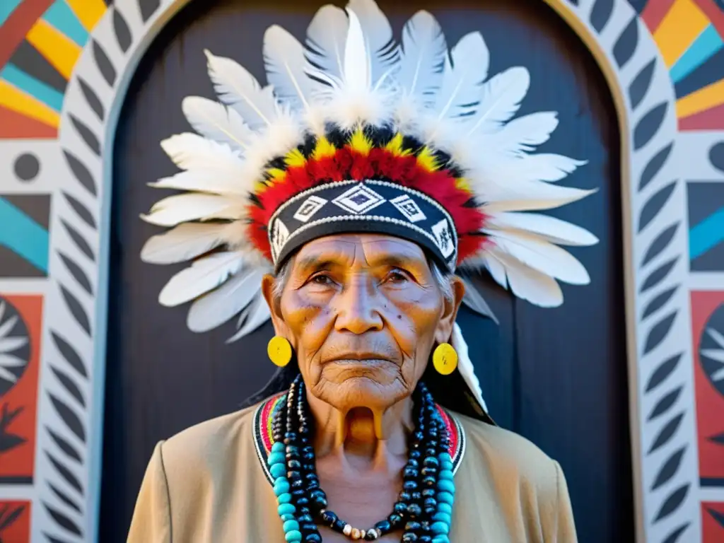 Un anciano indígena frente a un mural vibrante que representa la rica herencia cultural de la comunidad