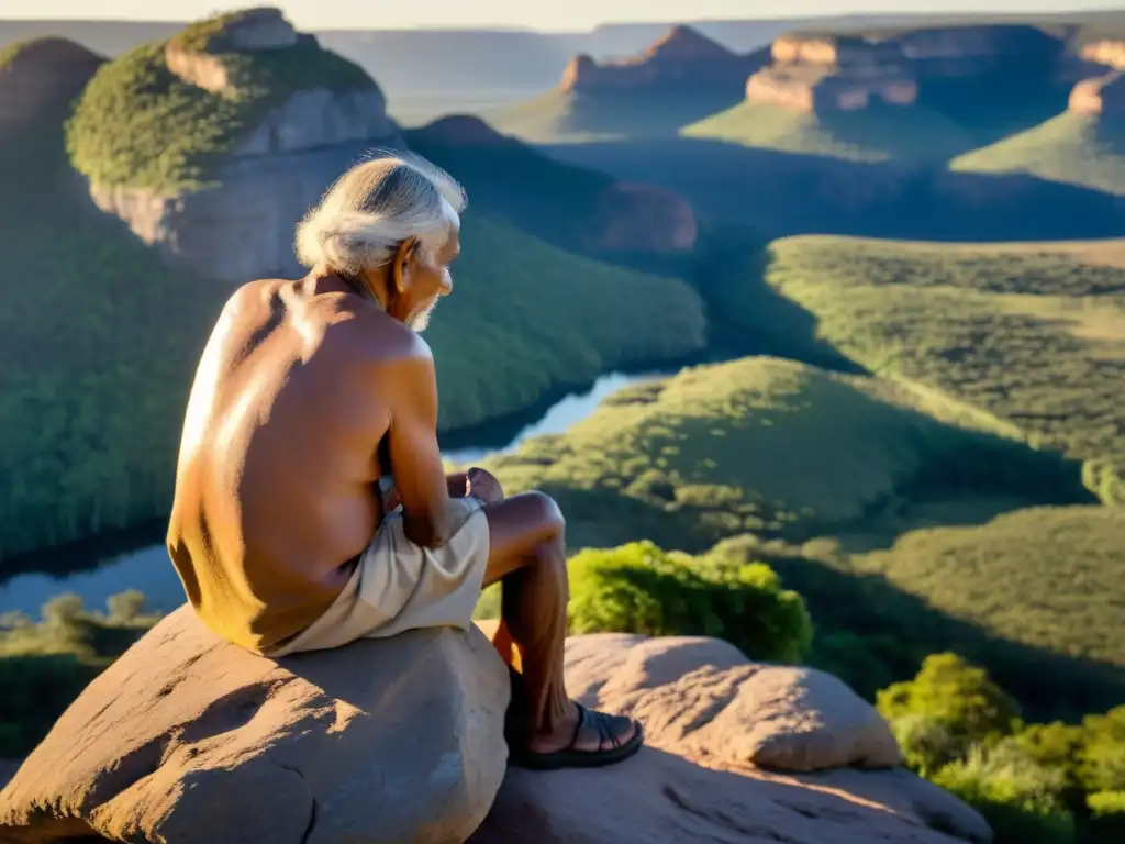 Sabiduría ancestral: conexión con la tierra al atardecer Un anciano indígena en comunión con la naturaleza, reflejando perspectivas indígenas sobre el cambio climático