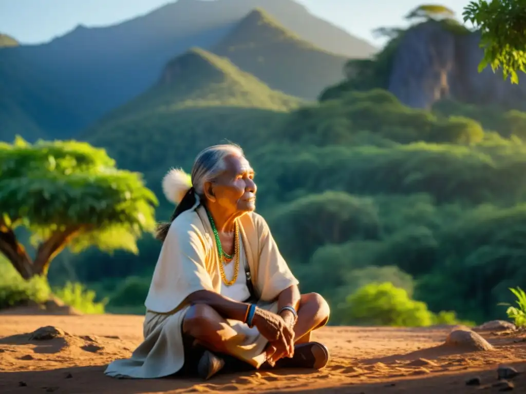 Un anciano indígena en la naturaleza, irradiando sabiduría y fortaleza, con vestimenta tradicional y joyería, junto a una montaña sagrada