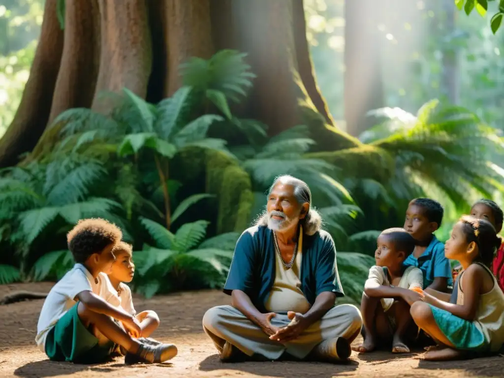 Un anciano indígena comparte sabiduría con niños bajo un árbol centenario en la selva, la preservación lingüística tecnología resurge