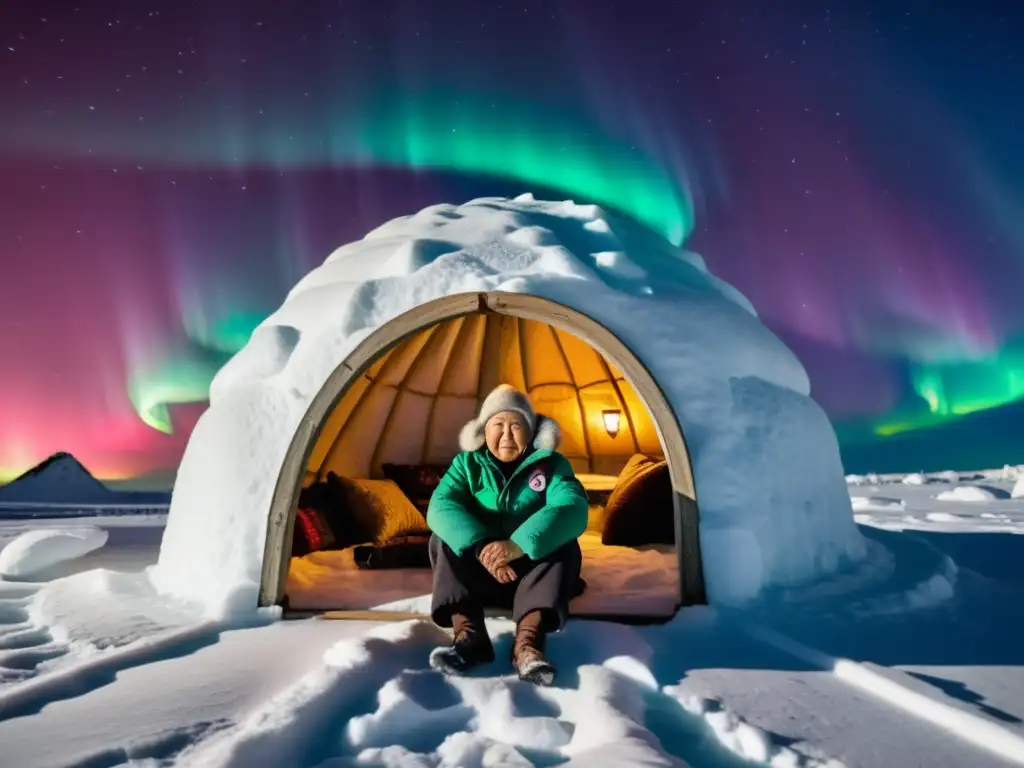 Un anciano inuit en un iglú tradicional, rodeado de artefactos culturales