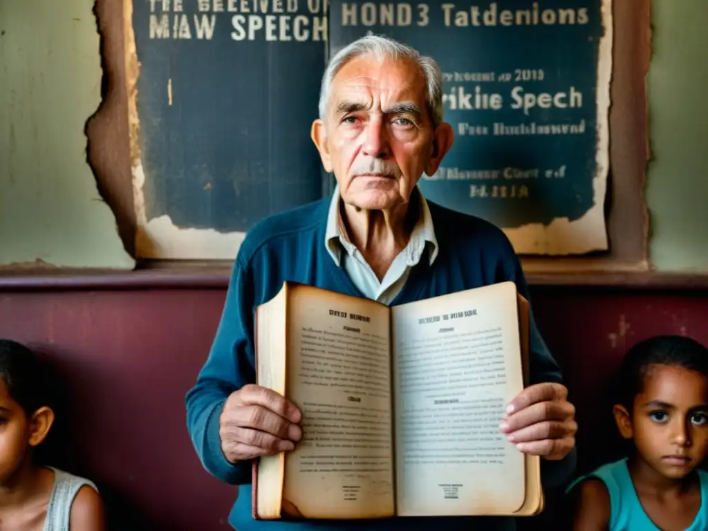 Un anciano con manos curtidas sostiene un libro viejo en una habitación tenue, rodeado de niños atentos