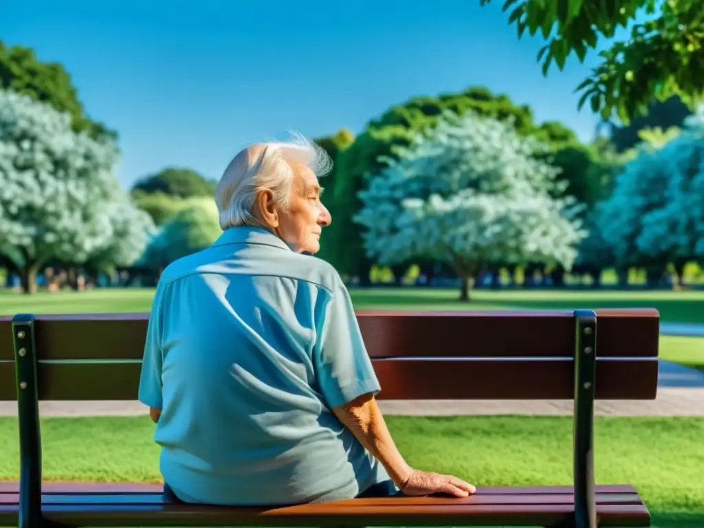 Un anciano solitario reflexiona en un banco del parque, rodeado de naturaleza serena