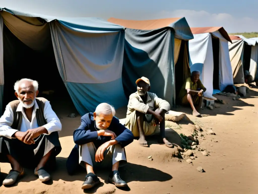 Ancianos reunidos en refugios improvisados en zona de guerra, transmitiendo resiliencia y esperanza