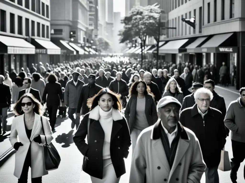 Una animada calle de la ciudad en blanco y negro, reflejando la diversidad y energía de la vida urbana