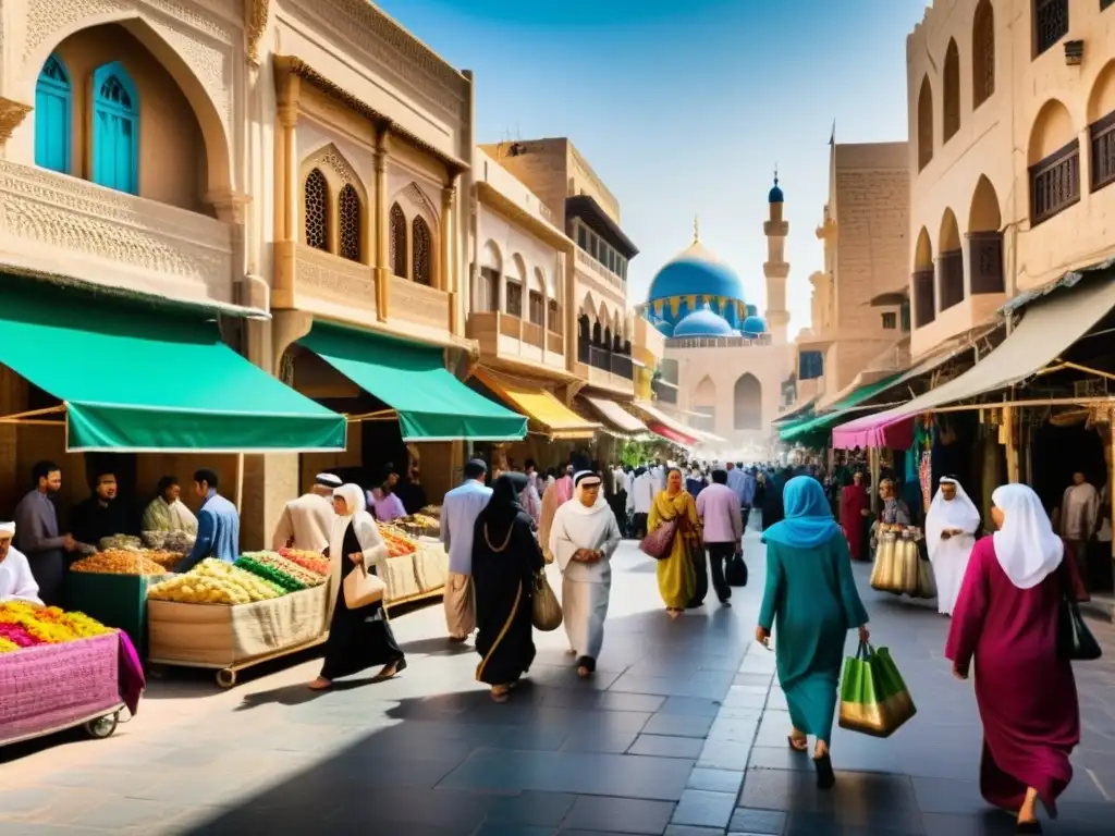 Animada calle en una ciudad del Medio Oriente, con bulliciosos mercados y gente vestida con coloridos atuendos tradicionales