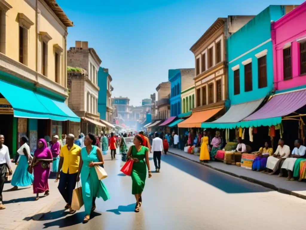 Una animada calle de la ciudad, reflejando la vida social y cultural en reconstrucción de comunidades post-guerra, con diversidad y energía vibrante