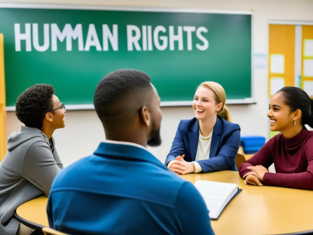 Una animada discusión sobre derechos humanos en un aula diversa, promoviendo la educación en derechos humanos e inclusión