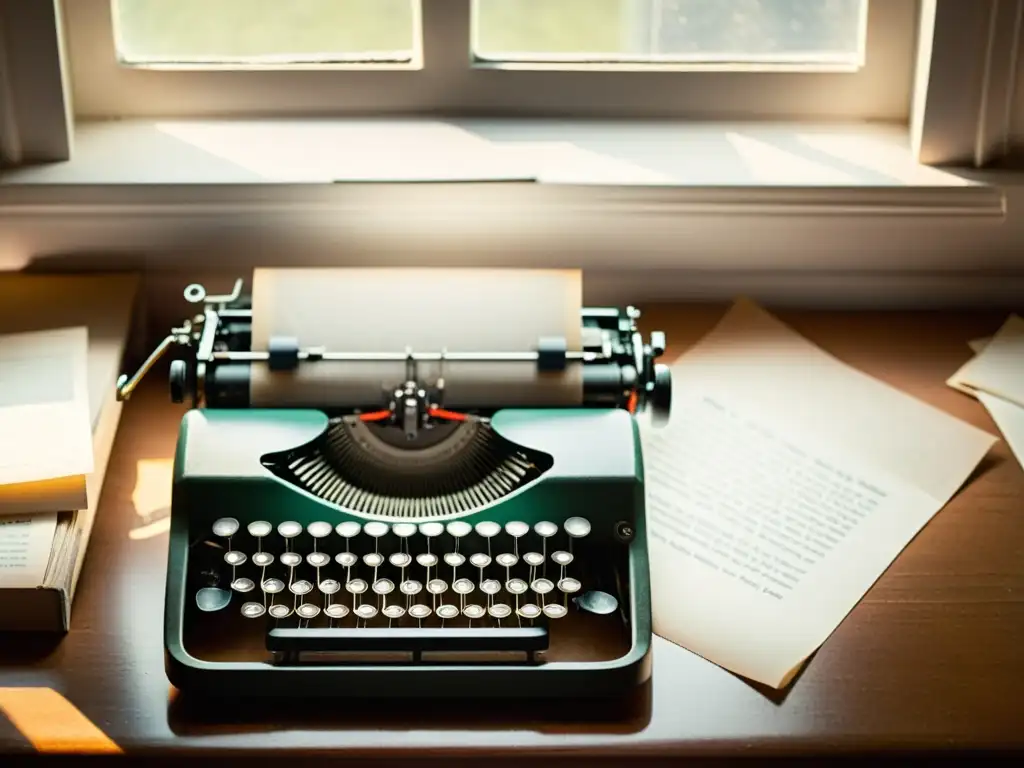 Un antiguo escritorio con una máquina de escribir y una hoja en blanco, iluminado por luz natural