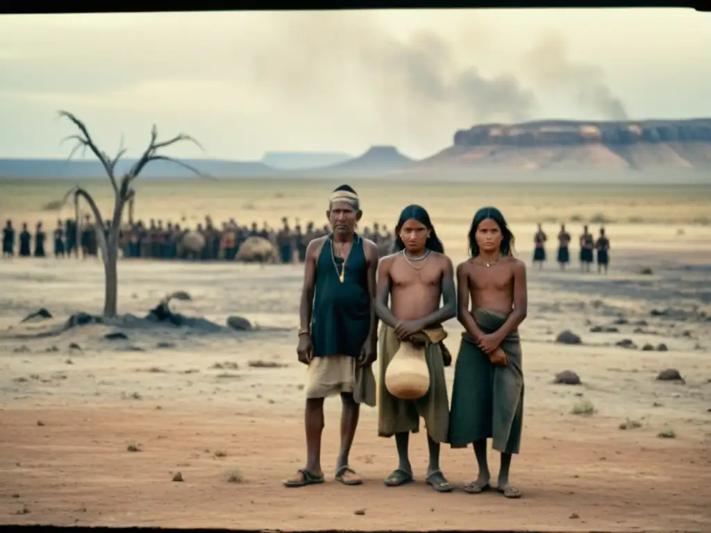 Un antiguo retrato descolorido muestra a un grupo de indígenas frente a un paisaje desolado