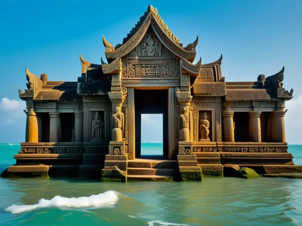 Antiguo templo de piedra sumergido por el mar, con esculturas erosionadas