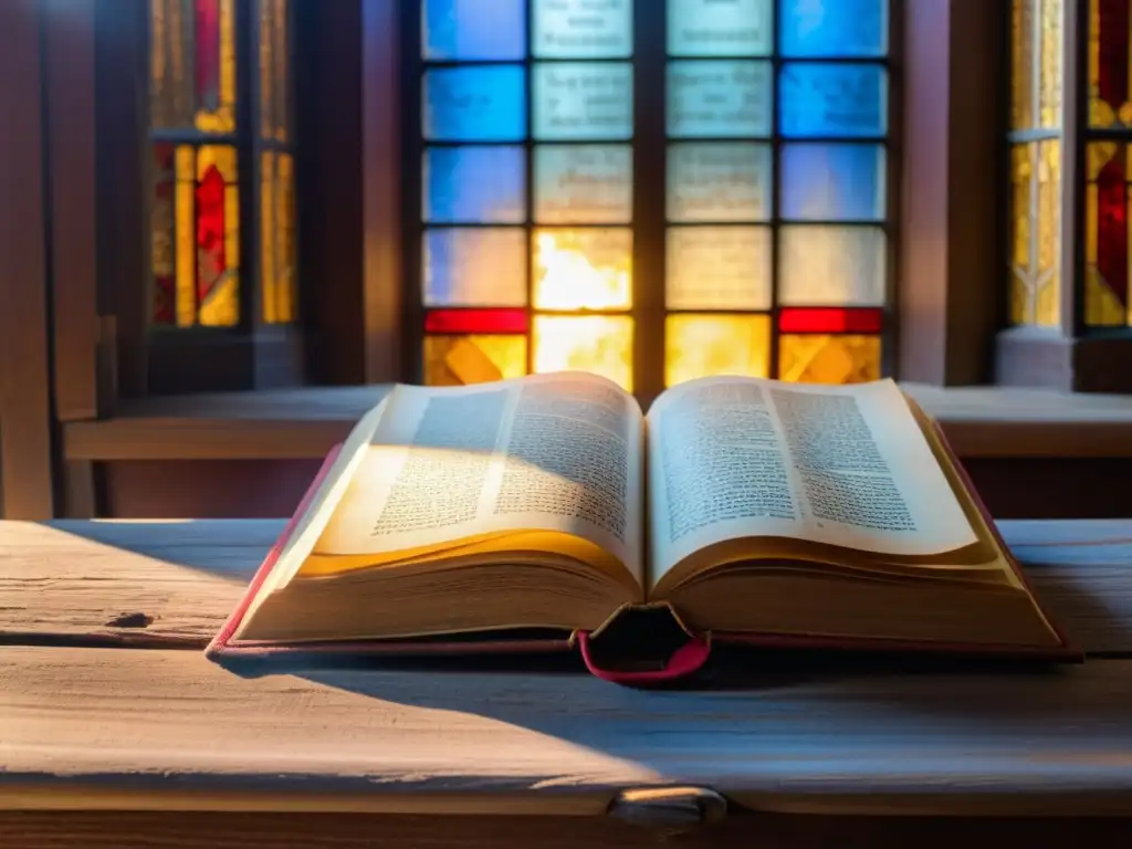 Antiguo texto religioso en lectern de madera, iluminado por la cálida luz del atardecer