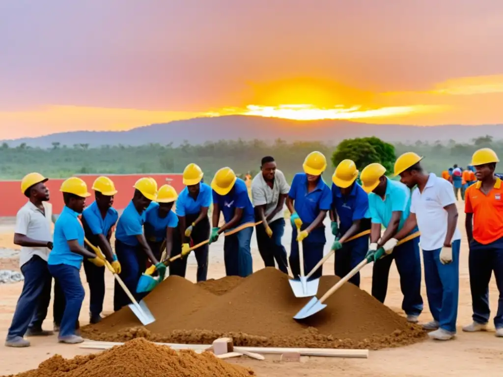 Antiguos combatientes construyen escuela al atardecer, mostrando determinación y esperanza en proyecto de reconciliación comunitaria