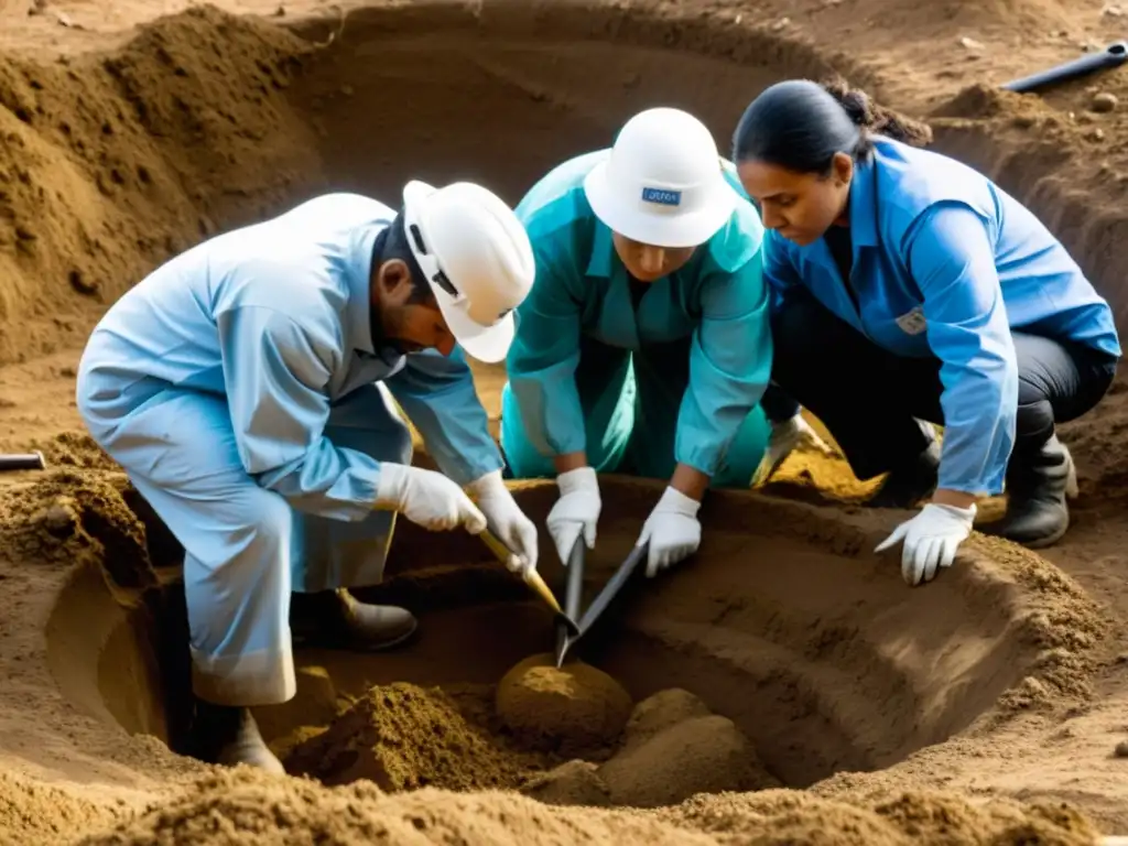 Antropólogos forenses en excavación de víctimas de dictadura en el Cono Sur, expresiones sombrías reflejan la gravedad del trabajo