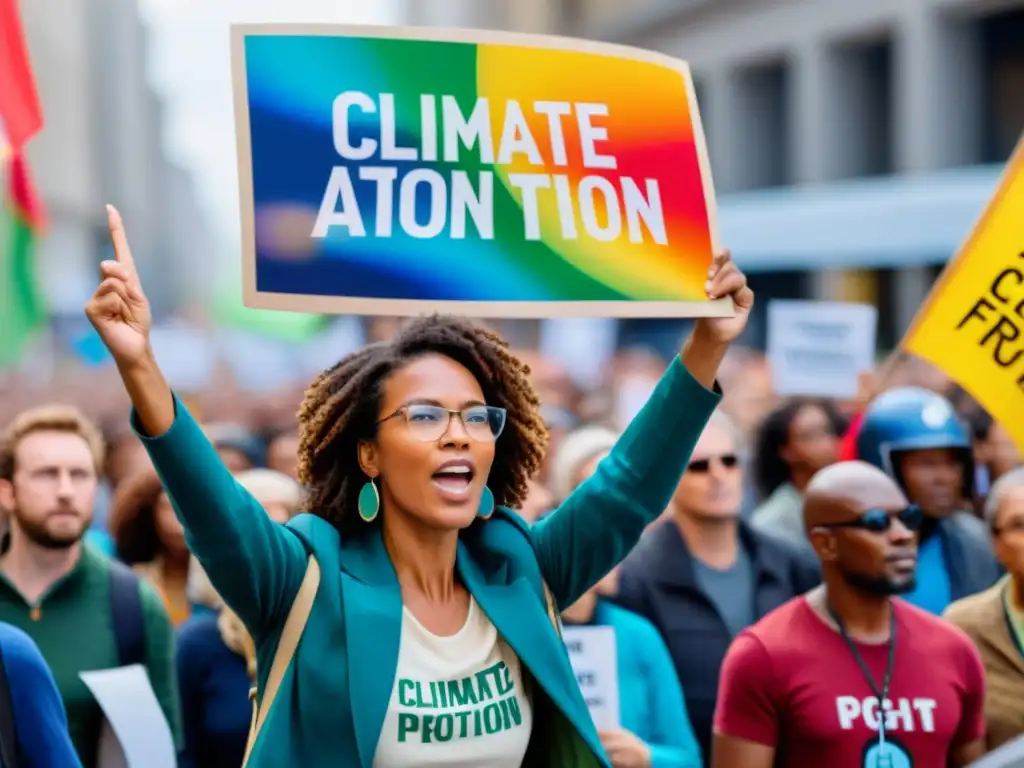 Apasionado activista ambiental habla a multitud en rally por derechos humanos y acción climática, reflejando determinación y energía colectiva