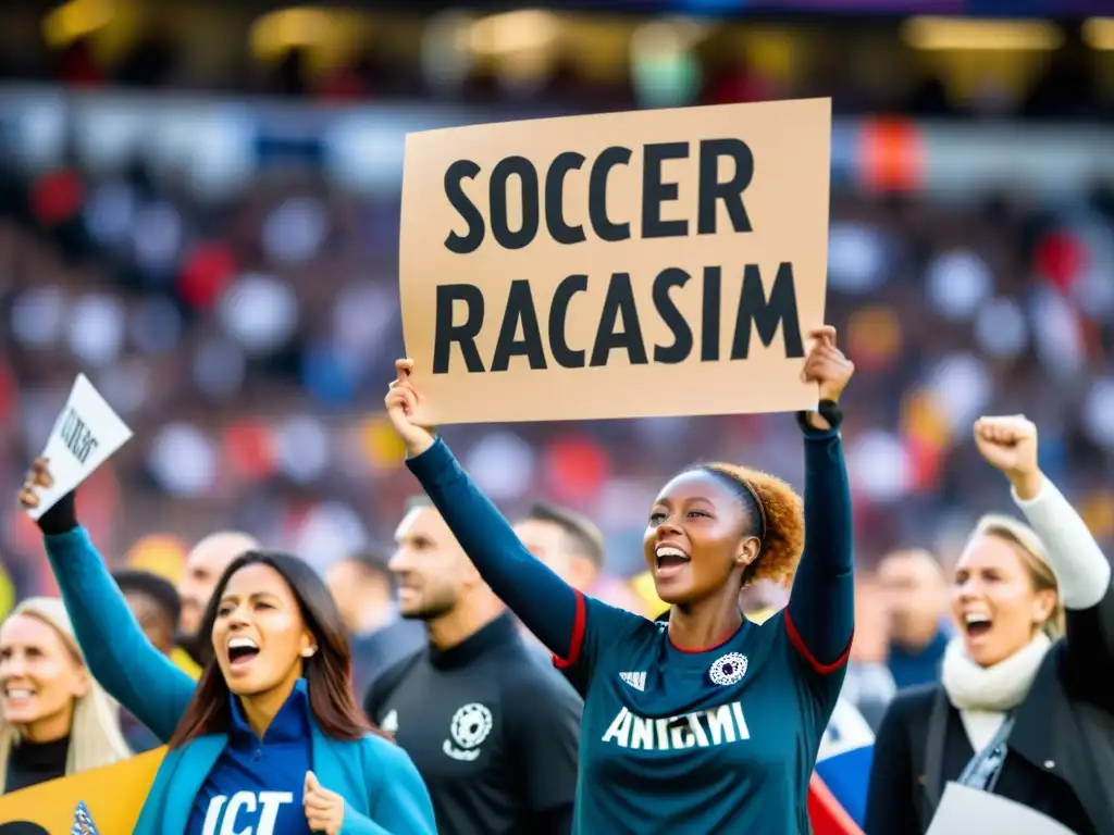 Apasionados aficionados en estadio lleno levantan pancartas contra racismo y xenofobia en eventos deportivos, mostrando unidad y determinación