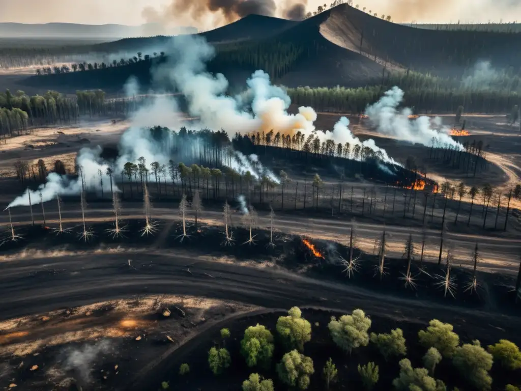 Área deforestada con árboles carbonizados y humo, un impacto devastador de políticas autoritarias