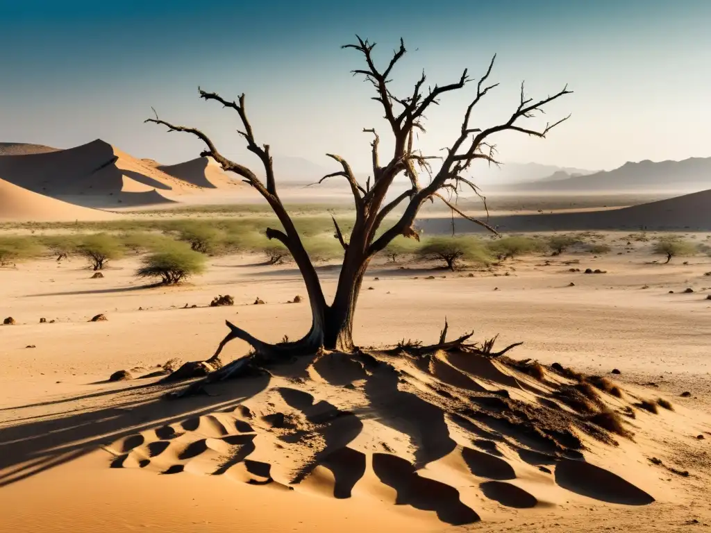 Árida tierra desértica con árbol marchito, huesos de animales y gente en busca de agua, impacto cambio climático sequías África