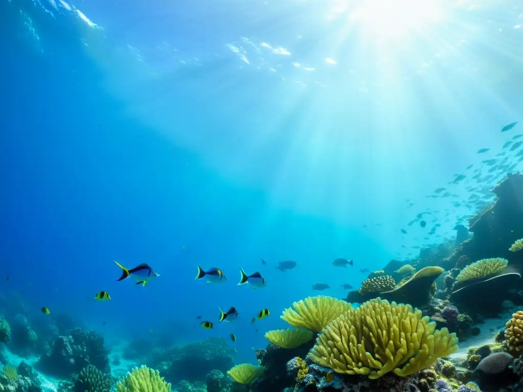 Un arrecife de coral rebosante de vida marina, con peces vibrantes de colores azules, verdes y amarillos, iluminados por la luz del sol