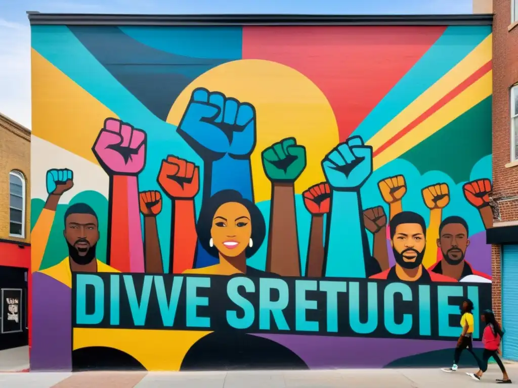 Arte callejero como protesta social: mural vibrante de unidad y resistencia con manifestantes y colores intensos