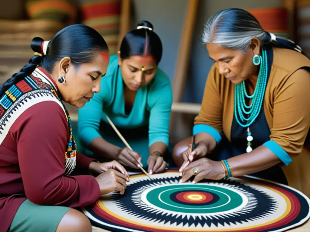 Arte indígena como forma de resistencia: artistas creando vibrante y detallada obra tradicional en fotografía documental de alta resolución