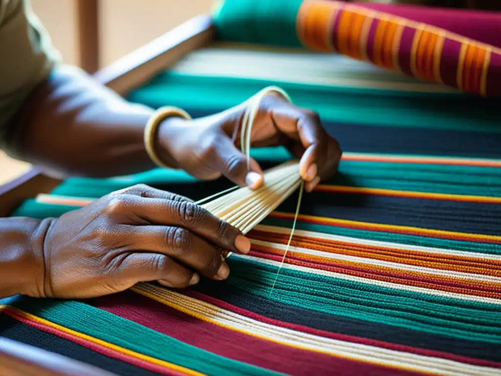 Un artesano experimentado teje con destreza hilos vibrantes en un patrón textil tradicional, mostrando orgullo cultural