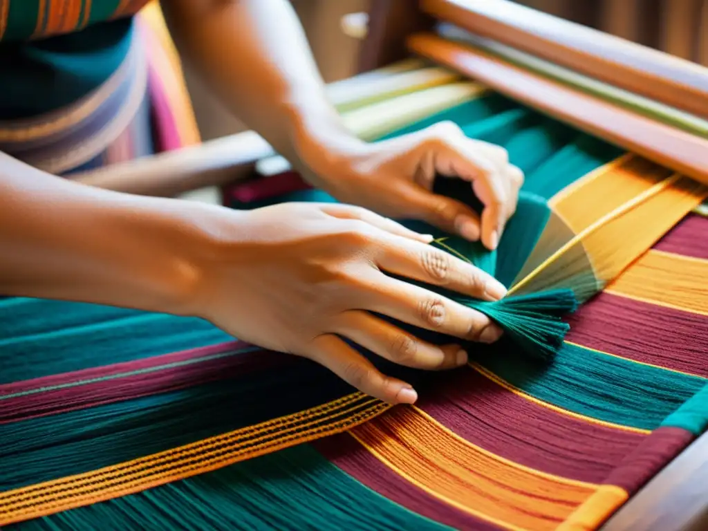 Un artesano habilidoso teje con cuidado hilos vibrantes en un patrón textil tradicional