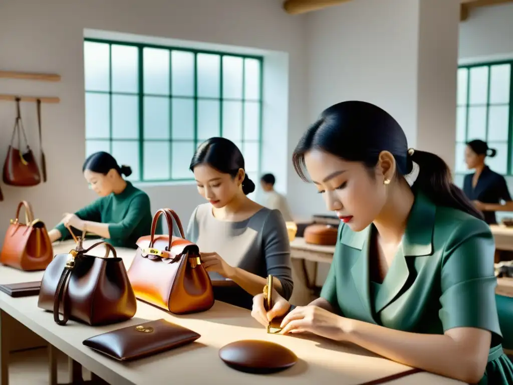 Artesanos expertos crean bolsos de lujo en un taller iluminado, reflejando prácticas laborales justas en marcas de lujo con orgullo y dedicación