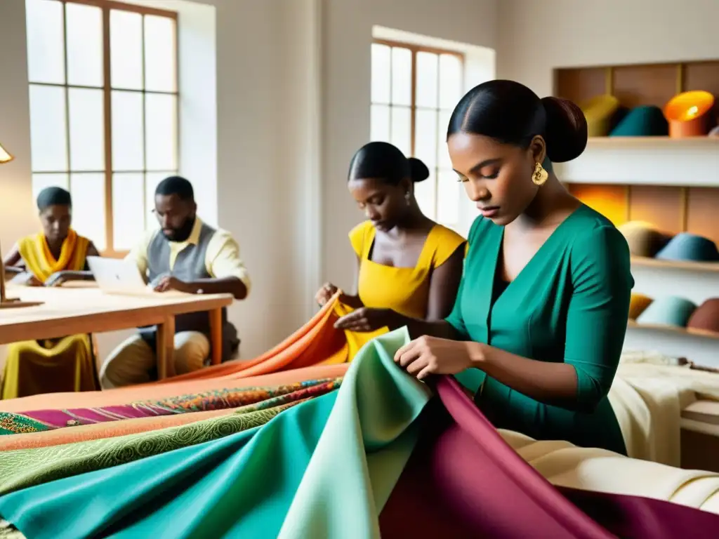 Artesanos expertos en un taller de moda de lujo, confeccionando prendas de alta calidad con concentración