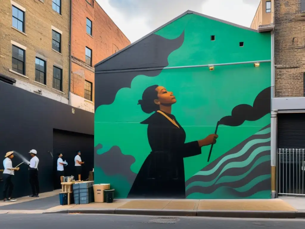 Un artista pinta un mural en un callejón oscuro, reflejando la lucha por la libertad de expresión artística en regímenes autoritarios