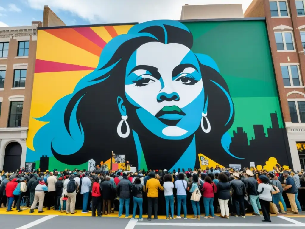 Artistas crean mural callejero con narrativas visuales de derechos humanos, atrayendo a la diversa multitud con su activismo y solidaridad