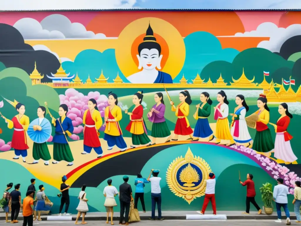 Artistas tailandeses pintan mural de resistencia contra la dictadura, con expresiones culturales contra dictadura Tailandia