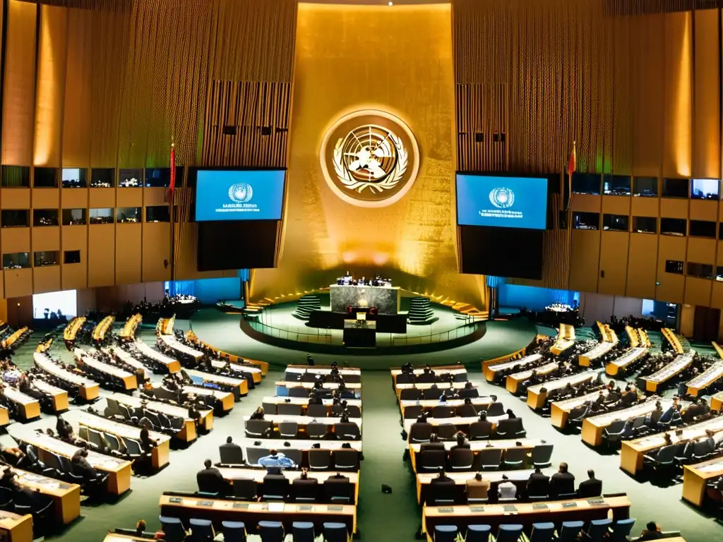 Una asamblea abarrotada en la ONU debate apasionadamente sobre derechos humanos, con iluminación tenue y sombras dramáticas