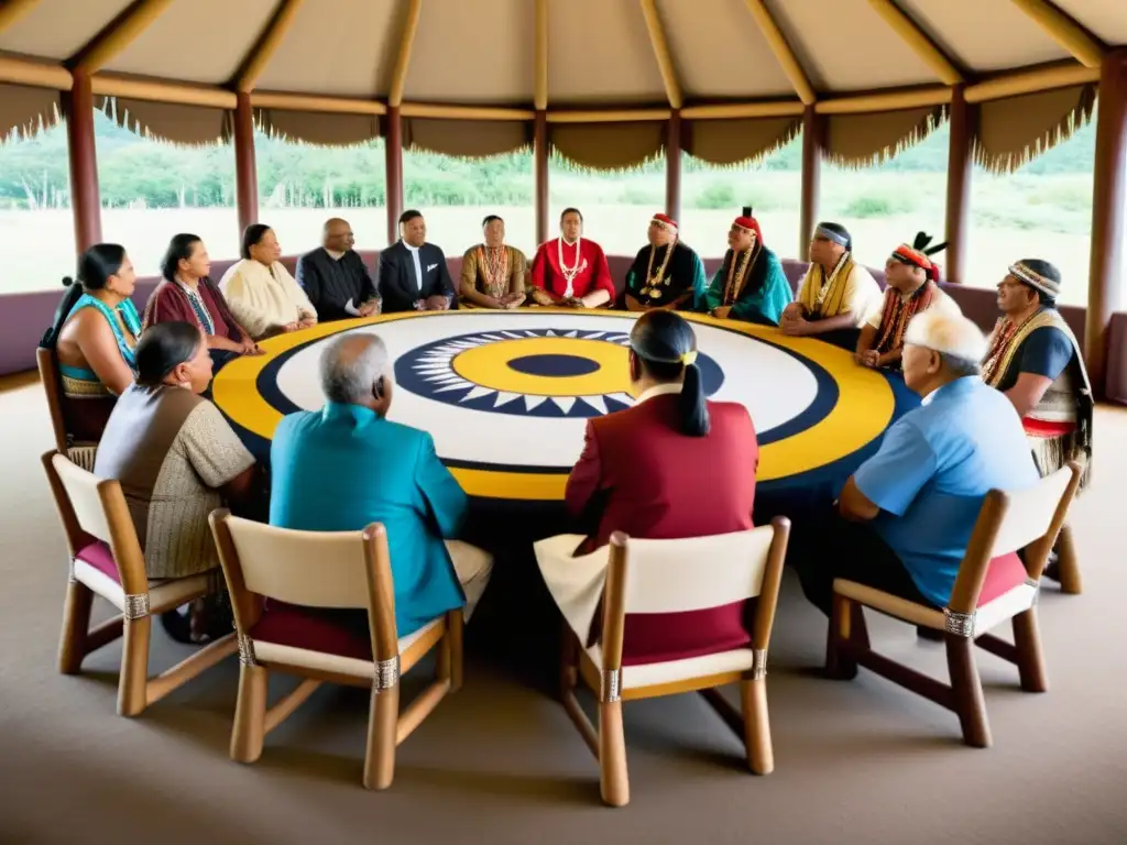 Una asamblea tradicional indígena muestra la evolución de sistemas políticos indígenas, con líderes tribales y miembros de la comunidad en discusión