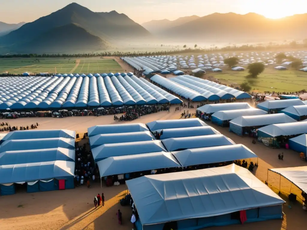 Un asentamiento de refugiados con refugios provisionales, comunidad activa y desafíos, iluminado por el sol