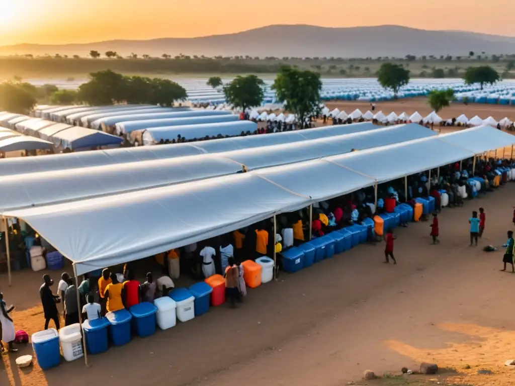 Asentamientos provisionales para refugiados al atardecer: comunidad, resiliencia y solidaridad bajo la cálida luz del sol poniente