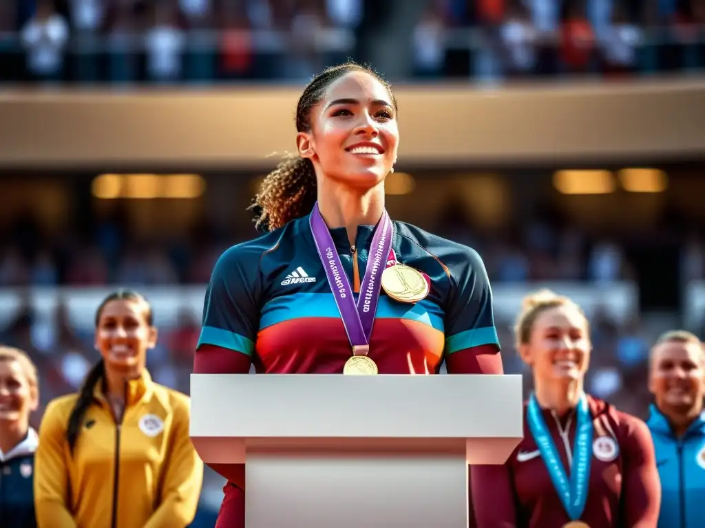 Un atleta transgénero llorando de alegría en el podio, sosteniendo una medalla de oro