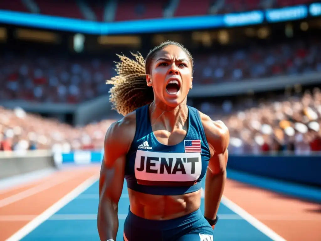 Una atleta determinada compite con fans animando en un estadio, mostrando la fuerza de la mujer ante discriminación y sexismo en el deporte