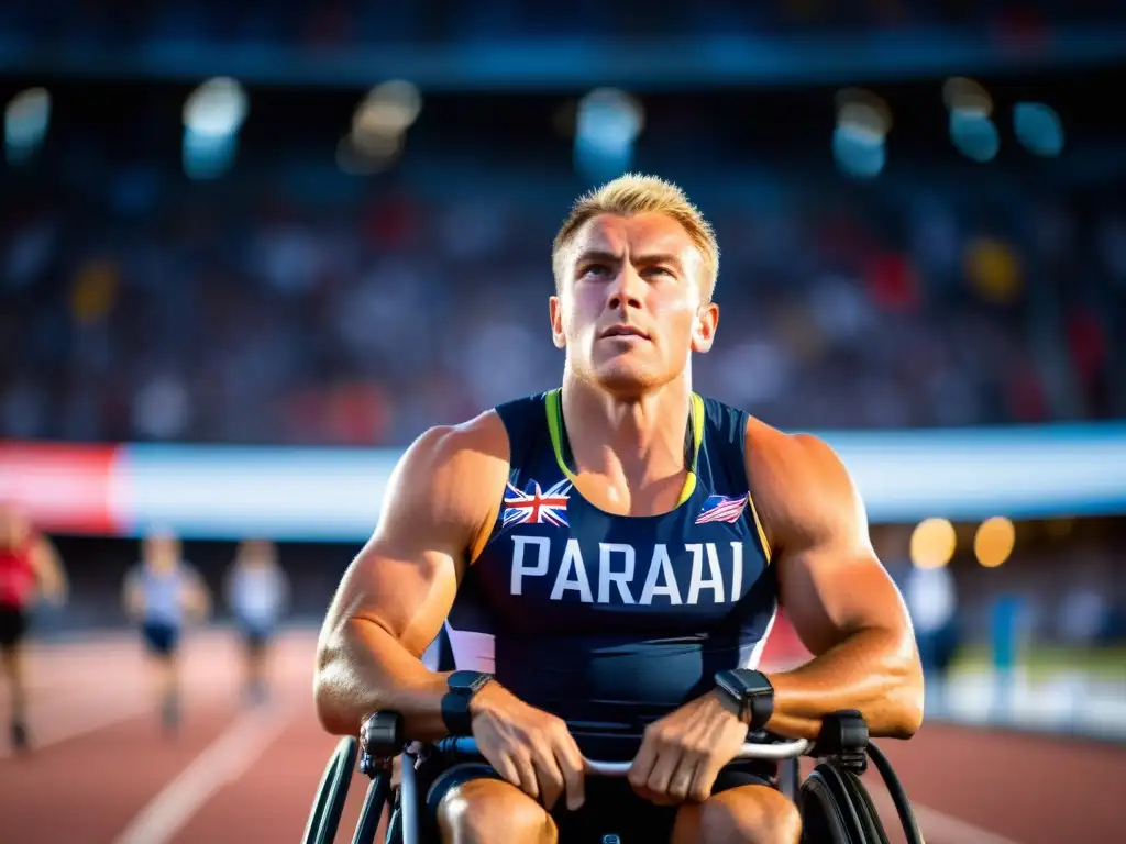 Un atleta con discapacidad en silla de ruedas se prepara para competir bajo las luces del estadio, rodeado de espectadores y banderas nacionales