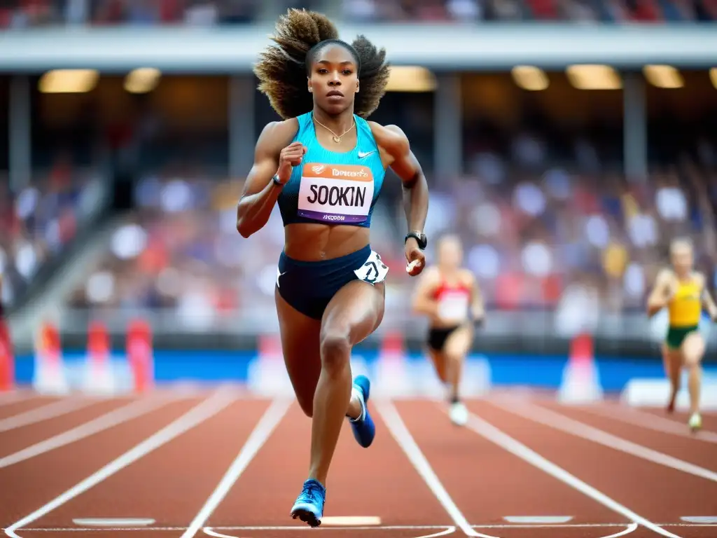 Una atleta femenina muestra determinación y concentración mientras compite en un evento de atletismo