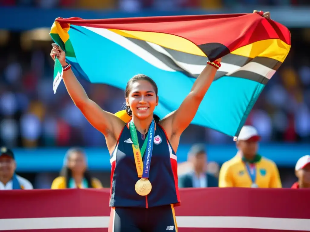 Un atleta indígena orgulloso en el podio con atuendo tradicional, sosteniendo una medalla, rodeado de un público diverso y mensajes de apoyo a los derechos humanos y la igualdad para atletas indígenas