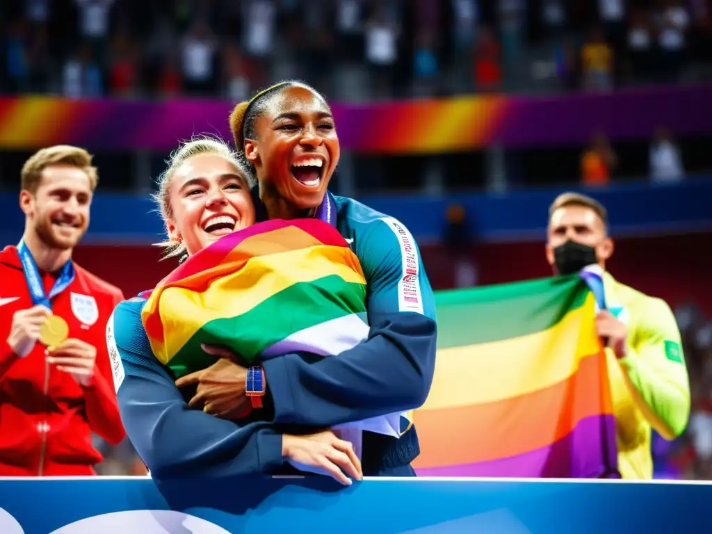 Un atleta LGBT+ levanta su medalla en un podio, emocionado, mientras la multitud aplaude, mostrando unidad y apoyo